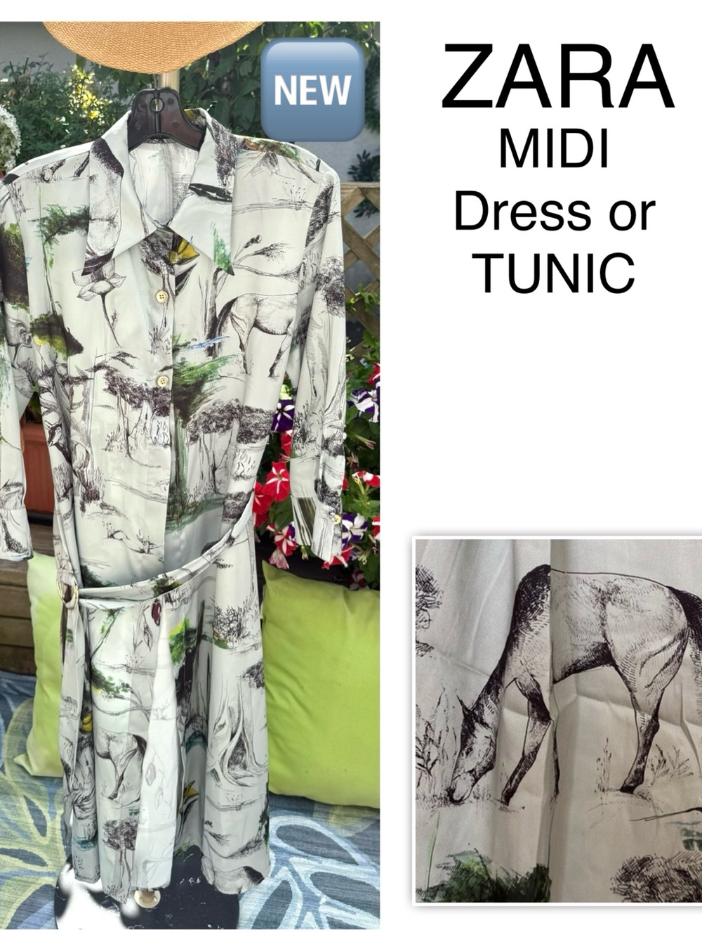 NWoT ZARA Satin Midi /Tunic Shirt 👗 cowboy & nature SIDE buttons slit